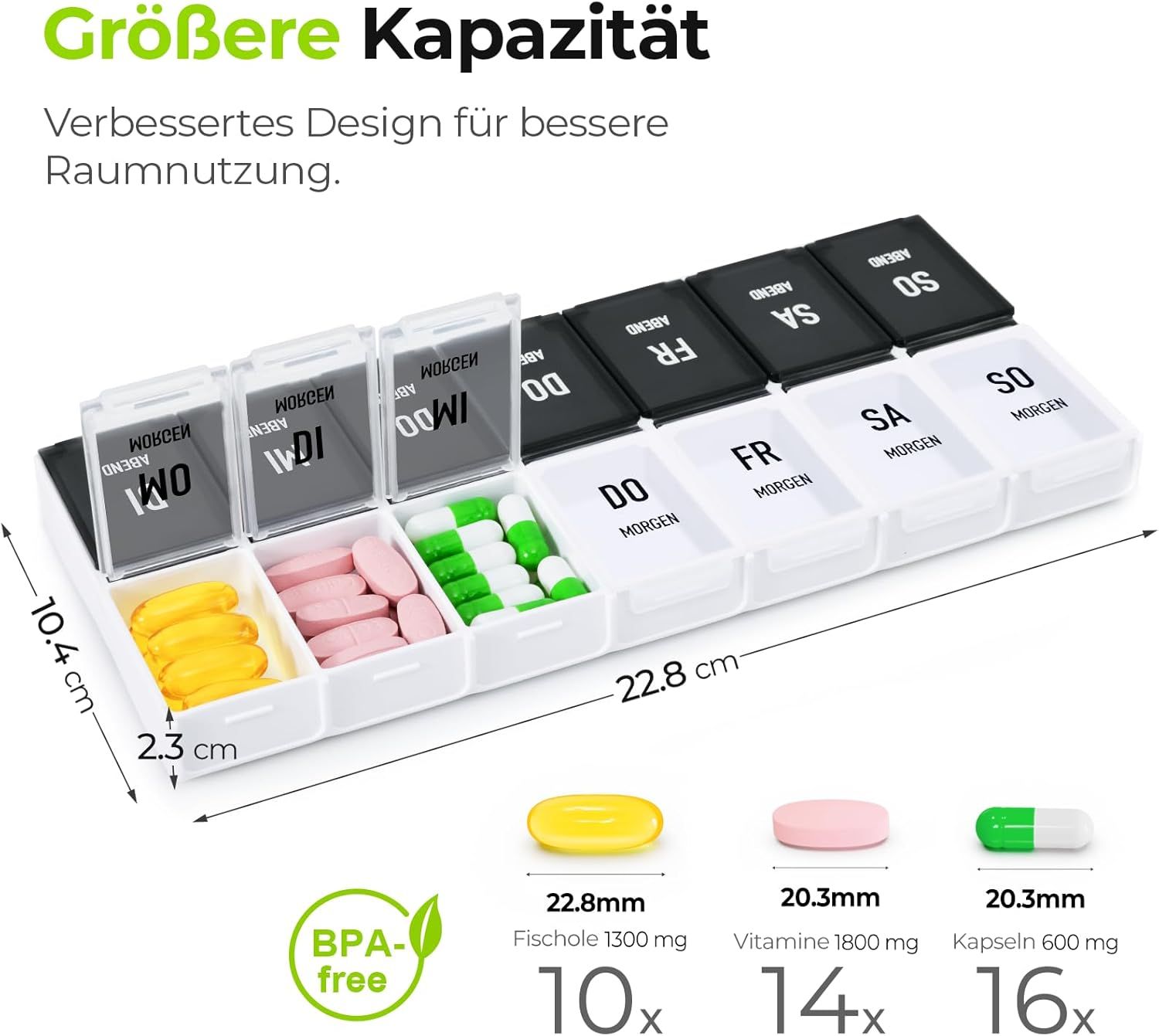 Runde Pillendose mit 7 Fächern und drehbarem Deckel.