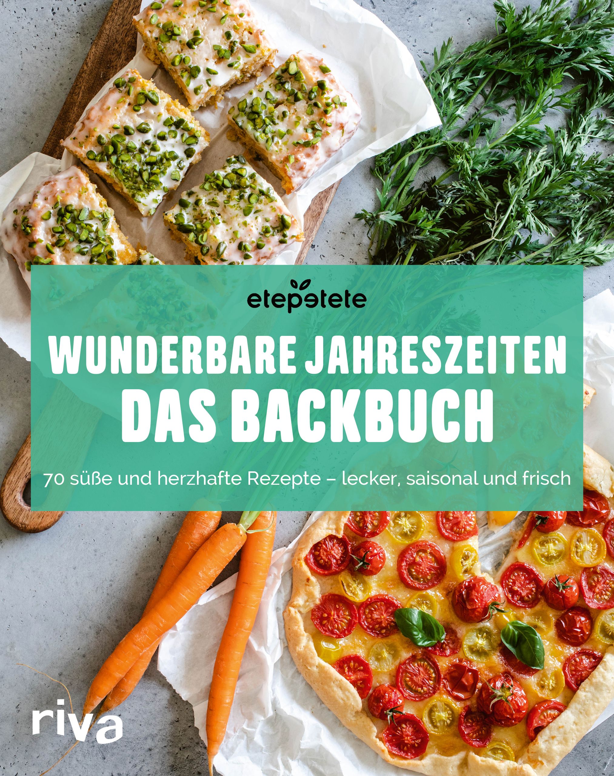 Kochbuch "Wunderbare Jahreszeiten: Das Backbuch" mit Rezepten. Auf dem Tisch Kuchen, Gemüse und Pizza.