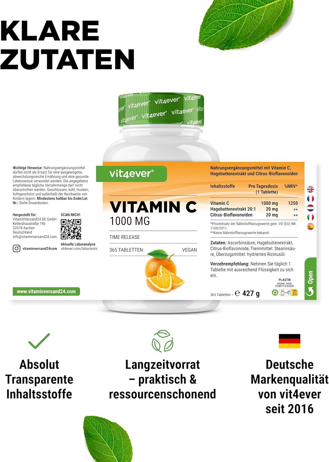 Vit4ever Vitamin C 1000mg Flasche mit detaillierter Nährwertangabe und orangen.