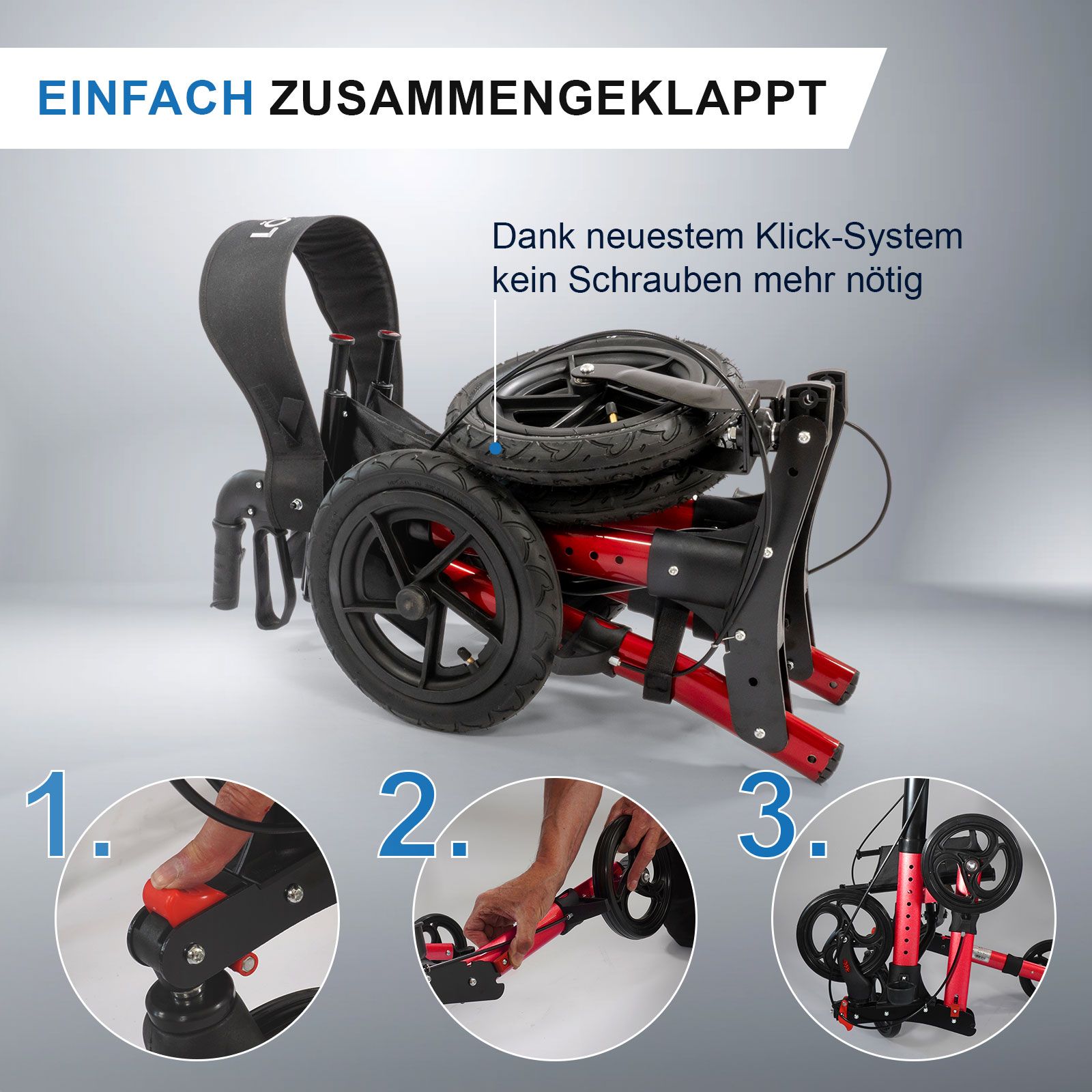 Rollator mit rotem Rahmen, zusammengeklappt. Einfaches Klicksystem.