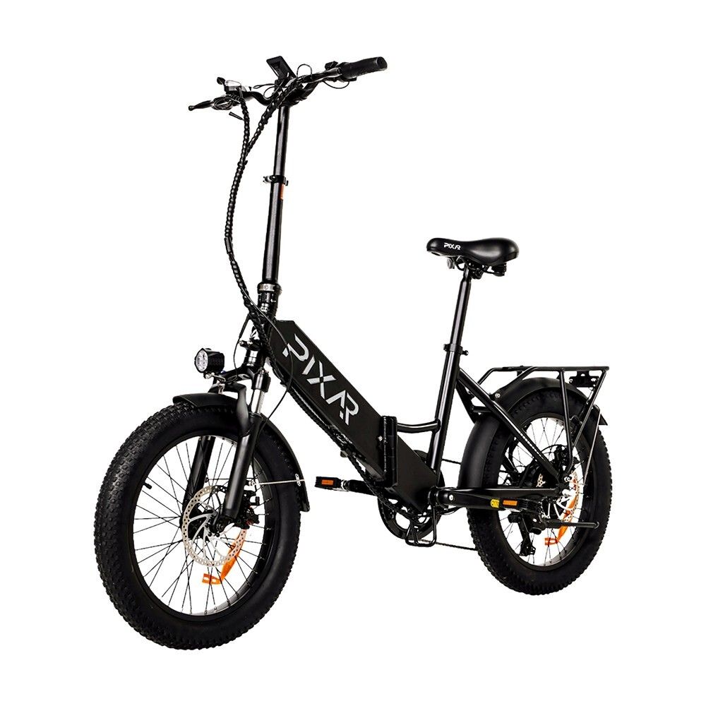 Schwarzes, faltbares Elektrofahrrad. Marke PIXAR. Breitreifen, Gepäckträger, Sattel, Lenker. Akku am Rahmen.