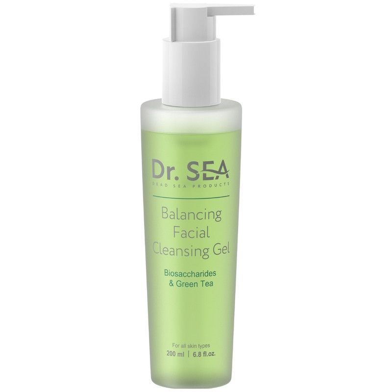 Grünes Reinigungsgel mit weißem Pumpkopf. Aufschrift: Dr. SEA, Balancing Facial Cleansing Gel.