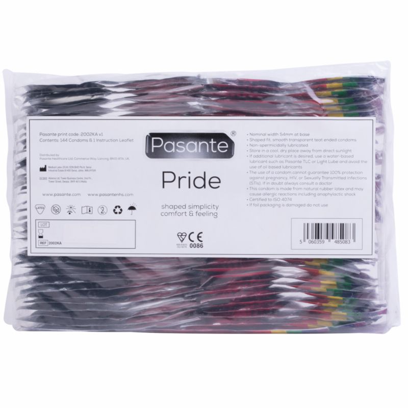 Pasante Pride. Packung mit Kondomen. Sichtbar sind viele einzelne Kondome in einer transparenten Verpackung. Aufdruck mit Produktinformationen.
