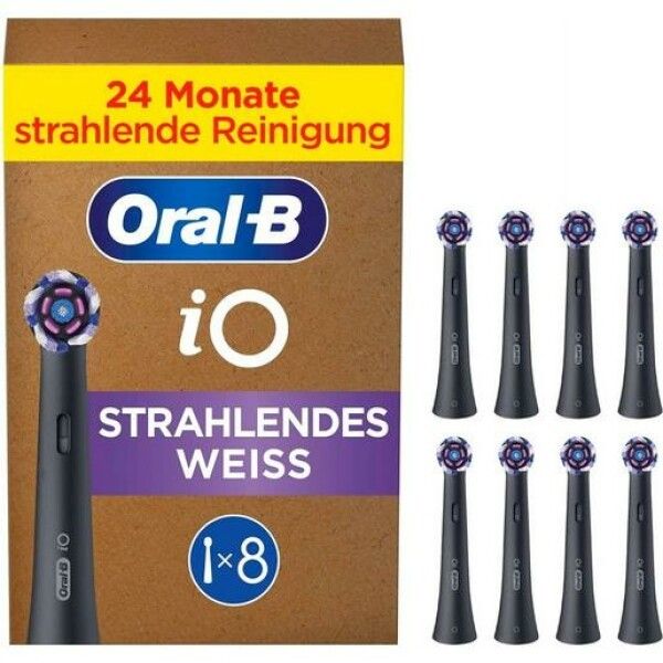 Packung mit 8 schwarzen Oral-B iO Aufsteckbürsten, Modell Strahlendes Weiss.