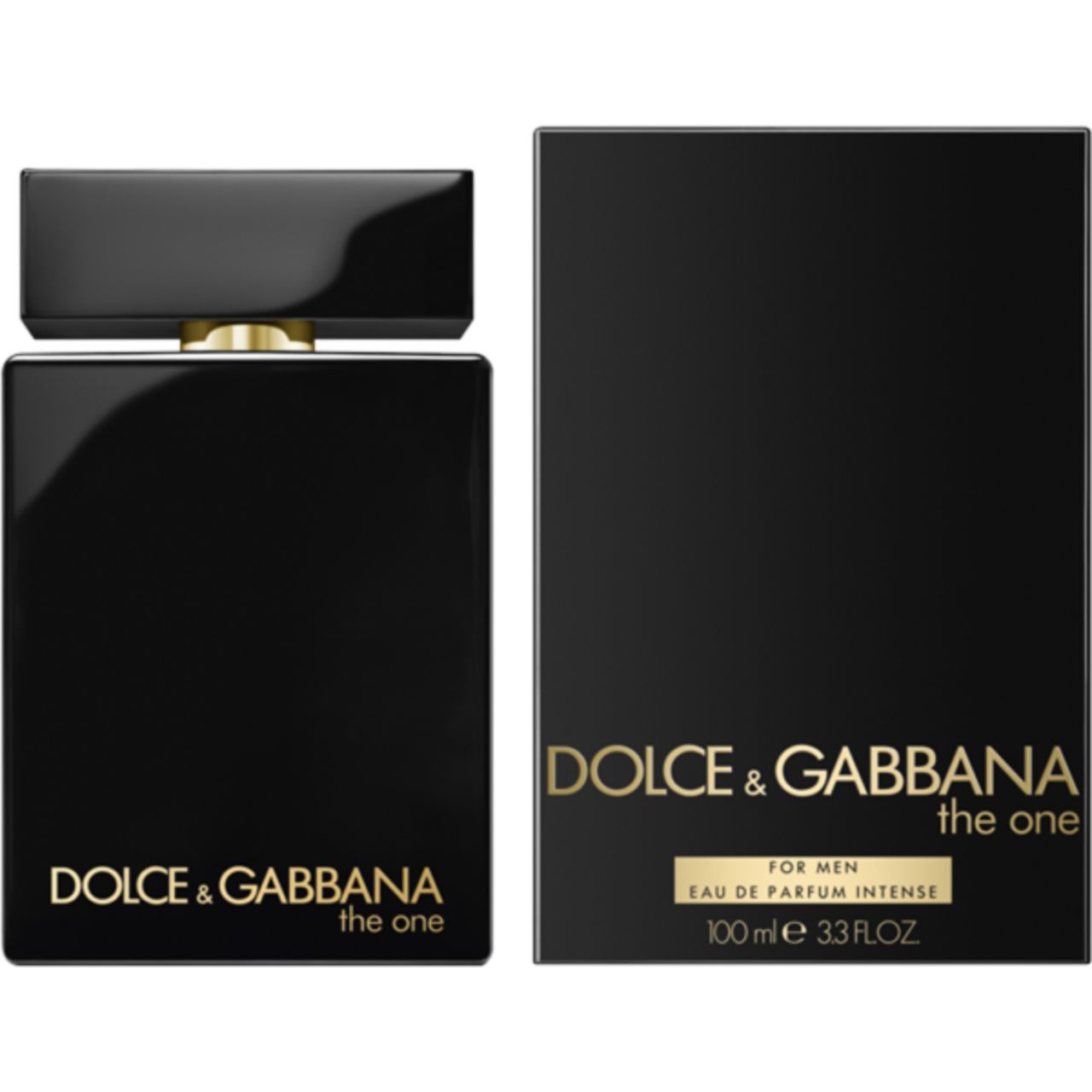 Schwarzer Flakon und Verpackung. Goldfarbene Schrift: DOLCE & GABBANA the one. Auf der Verpackung: FOR MEN, Eau de Parfum Intense.