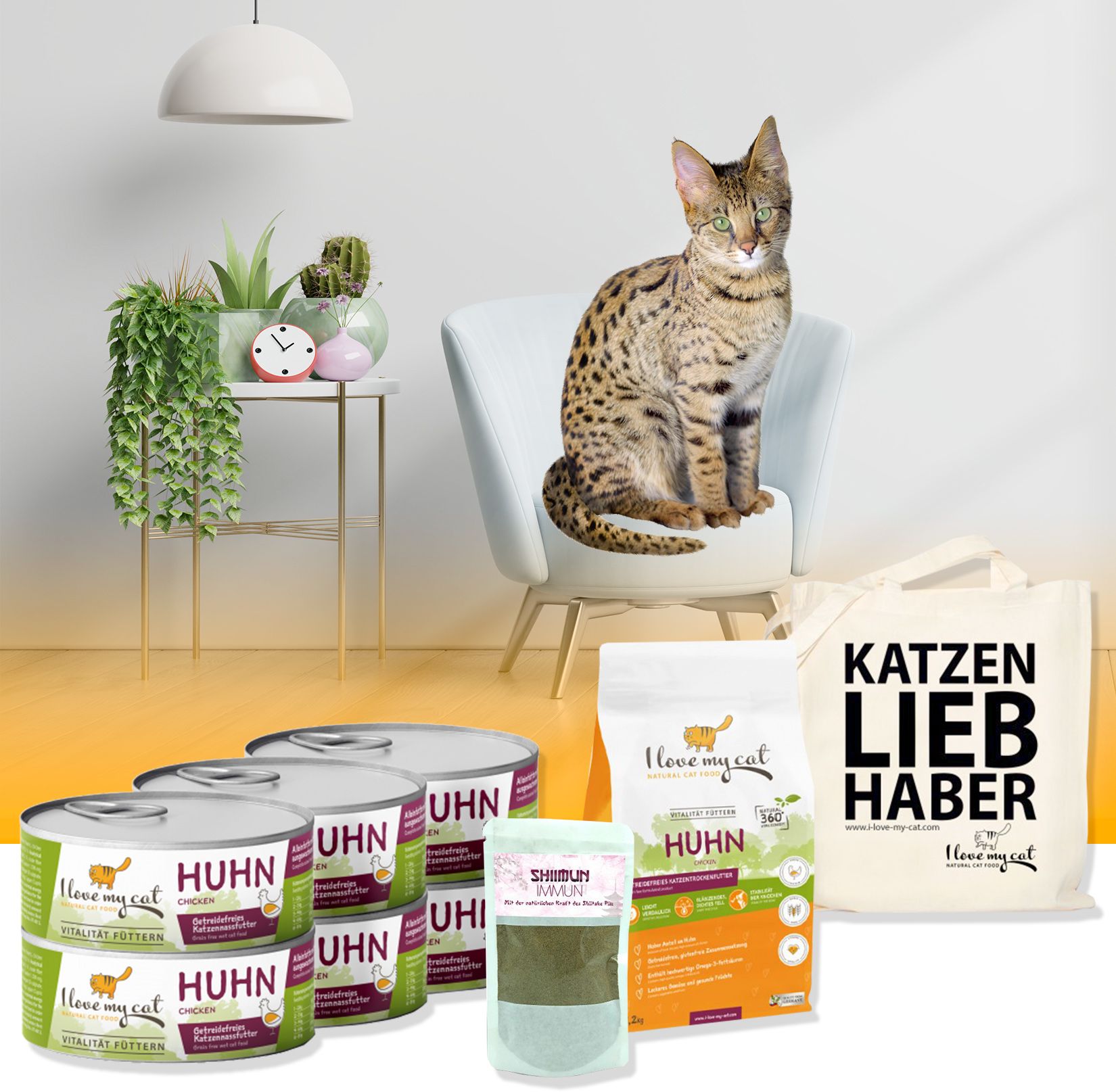 Katze auf Stuhl, Futterdosen, Trockenfutterbeutel, Leinentasche mit Text. Produkte für Savannah Katzen.