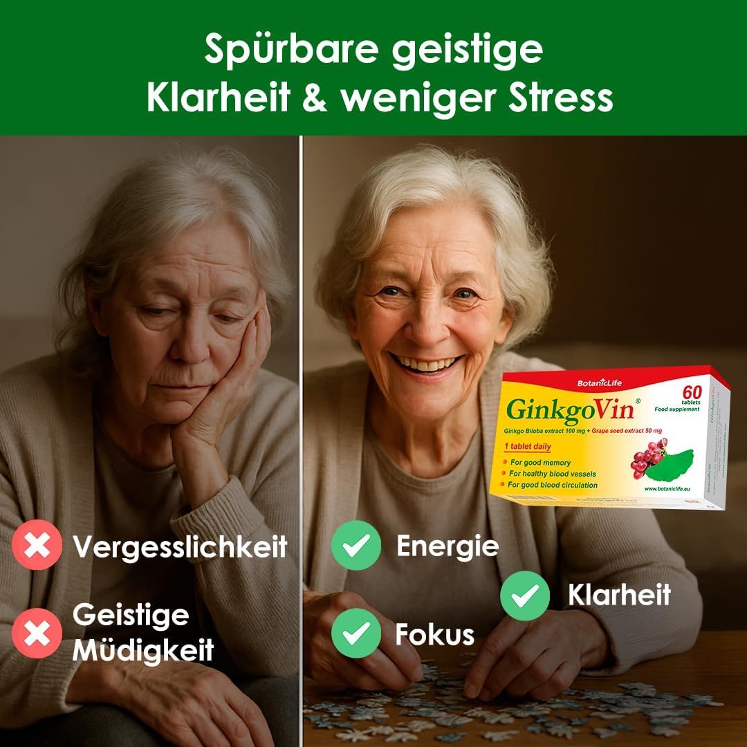 Zwei Frauen, eine traurig, eine lächelnd. GinkgoVin-Packung. Text: Vergesslichkeit, geistige Müdigkeit, Energie, Fokus, Klarheit.