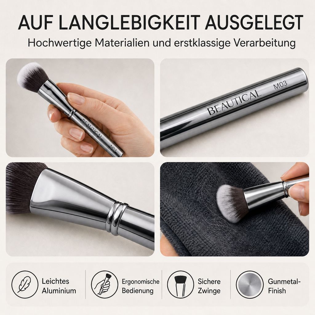 Kosmetikpinsel mit Aluminiumgriff, ergonomisch, mit Gunmetal-Finish.