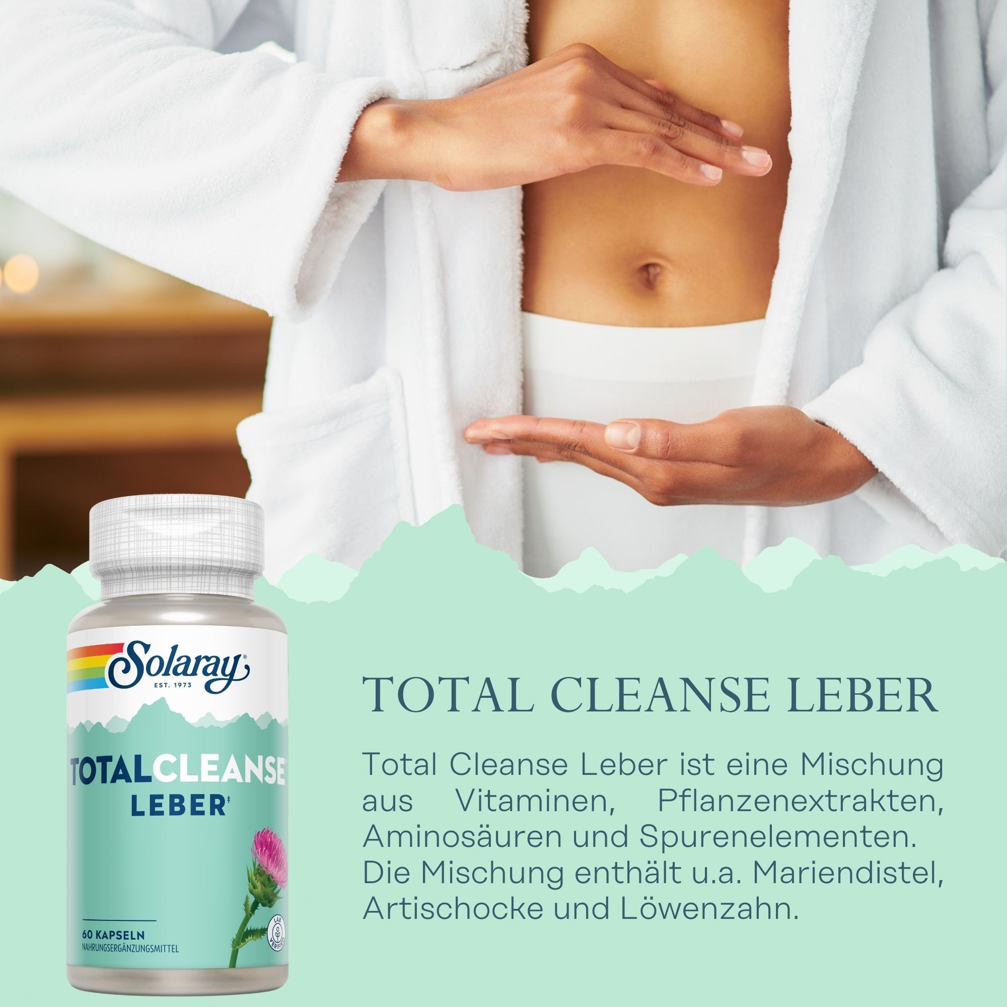 Solaray Total Cleanse Leber-Dose. Aufschrift: Total Cleanse Leber. 60 Kapseln. Mariendistel-Abbildung.