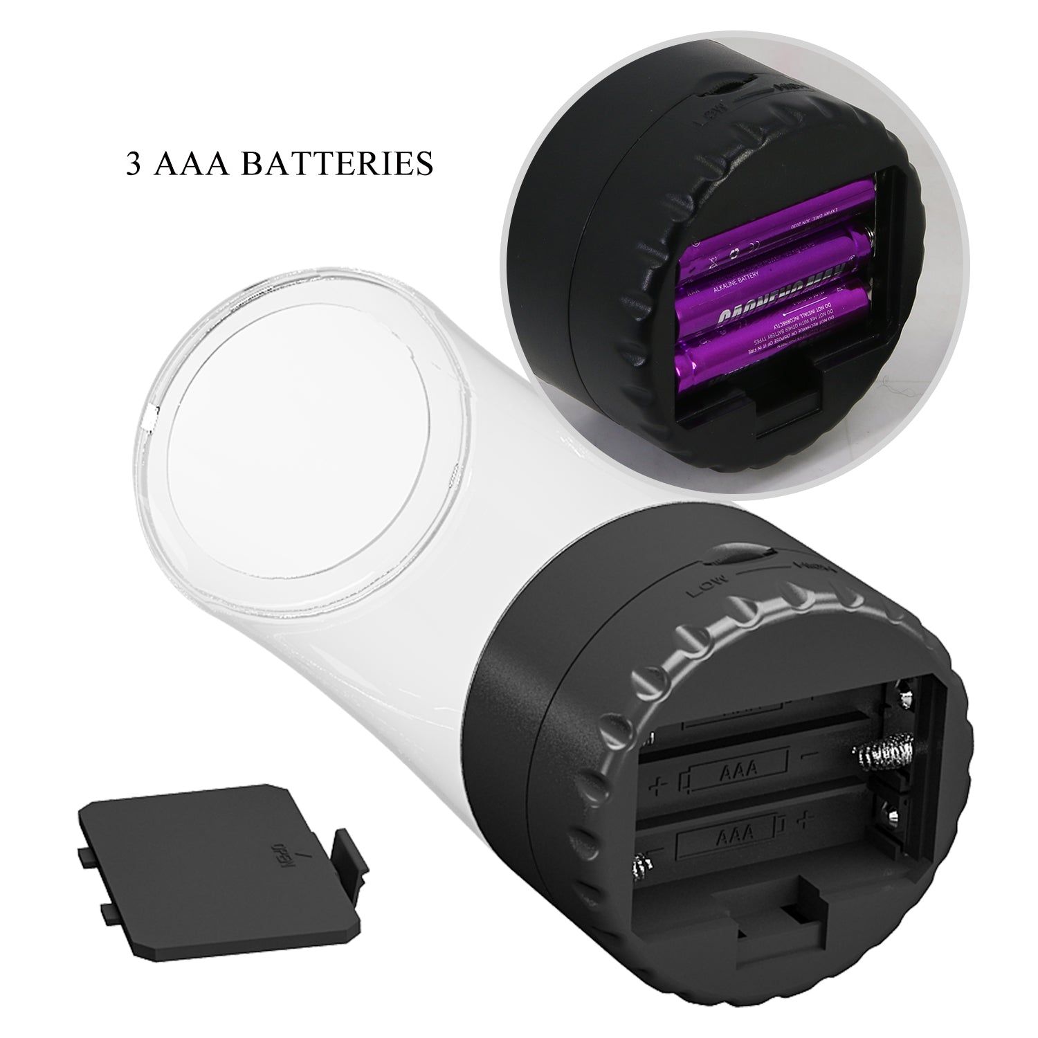 Zylindrisches Gerät mit transparentem Gehäuse, schwarzem Sockel. Batteriefach mit 3 AAA-Batterien. Text: 3 AAA BATTERIES.