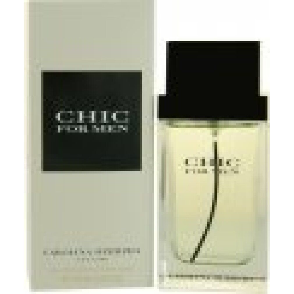 Carolina Herrera Chic for Men Eau de Toilette Spray. Flakon und Verpackung. Text: CHIC FOR MEN, CAROLINA HERRERA.