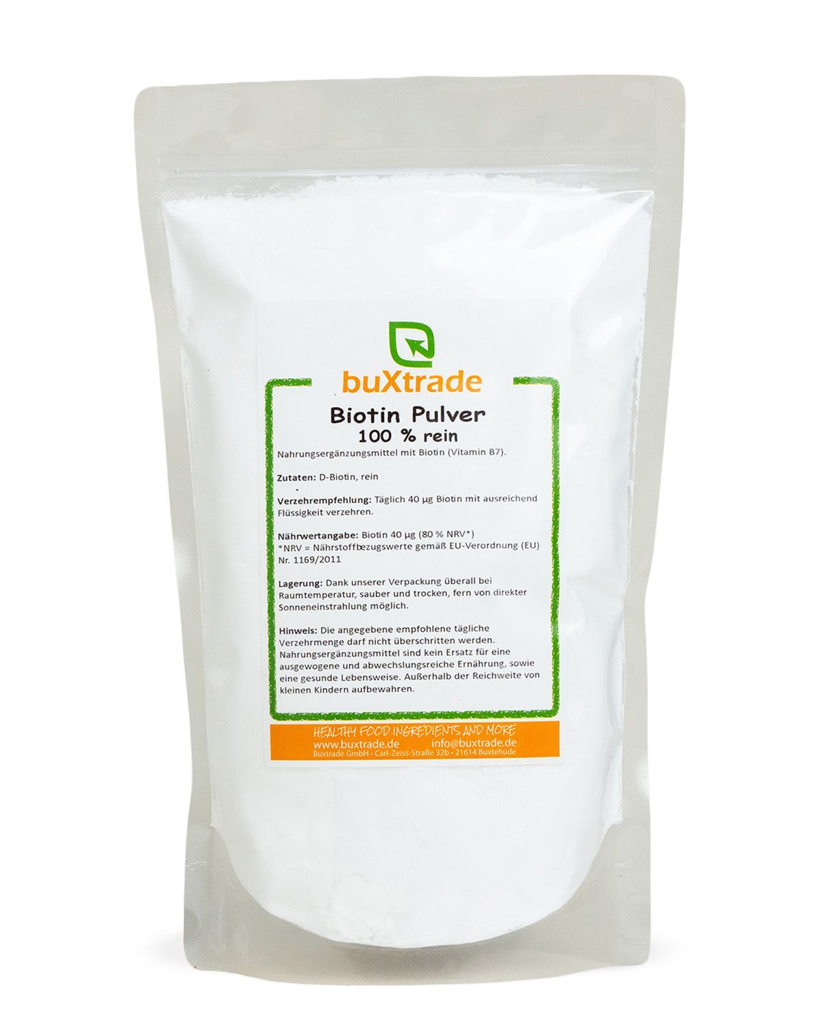 Ein Beutel buxtrade Biotin Pulver 100% rein mit Nährwertangaben.