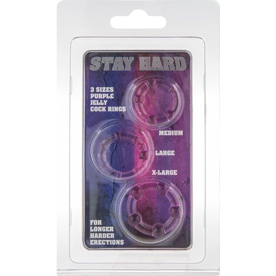 Verpackung mit drei lila Penisringen. Text: STAY HARD, 3 Größen, Jelly, Cock Rings. Für längere, härtere Erektionen.