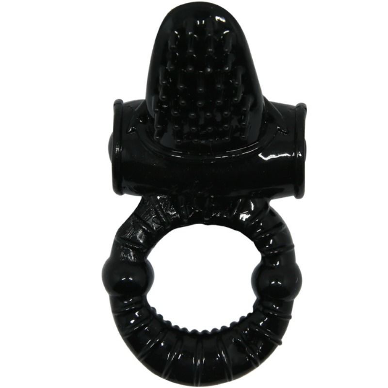 Schwarzer Penisring mit Klitorisstimulator. Ringförmige Basis mit Noppen. Stimulator mit erhabenen Punkten.
