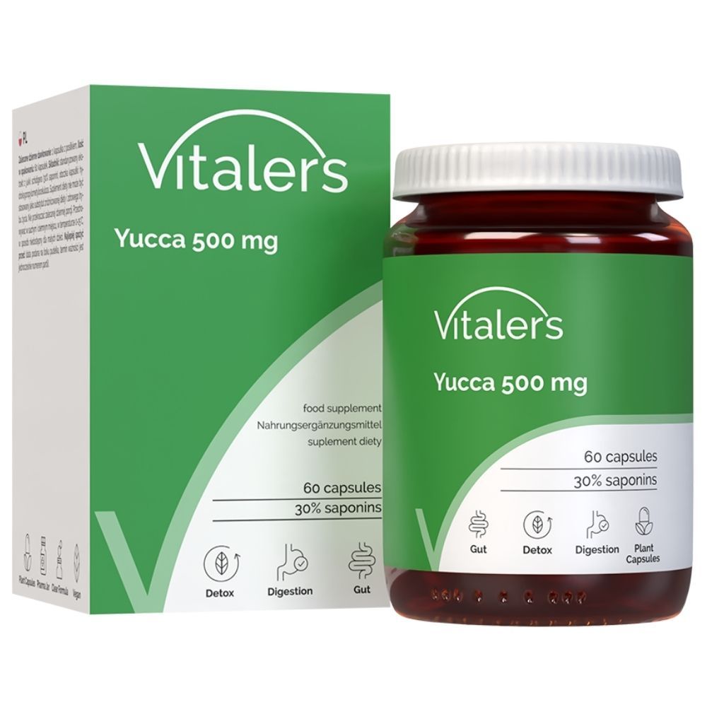Vitaler's Yucca 500 mg Kapseln und Verpackung. Enthält 60 Kapseln.