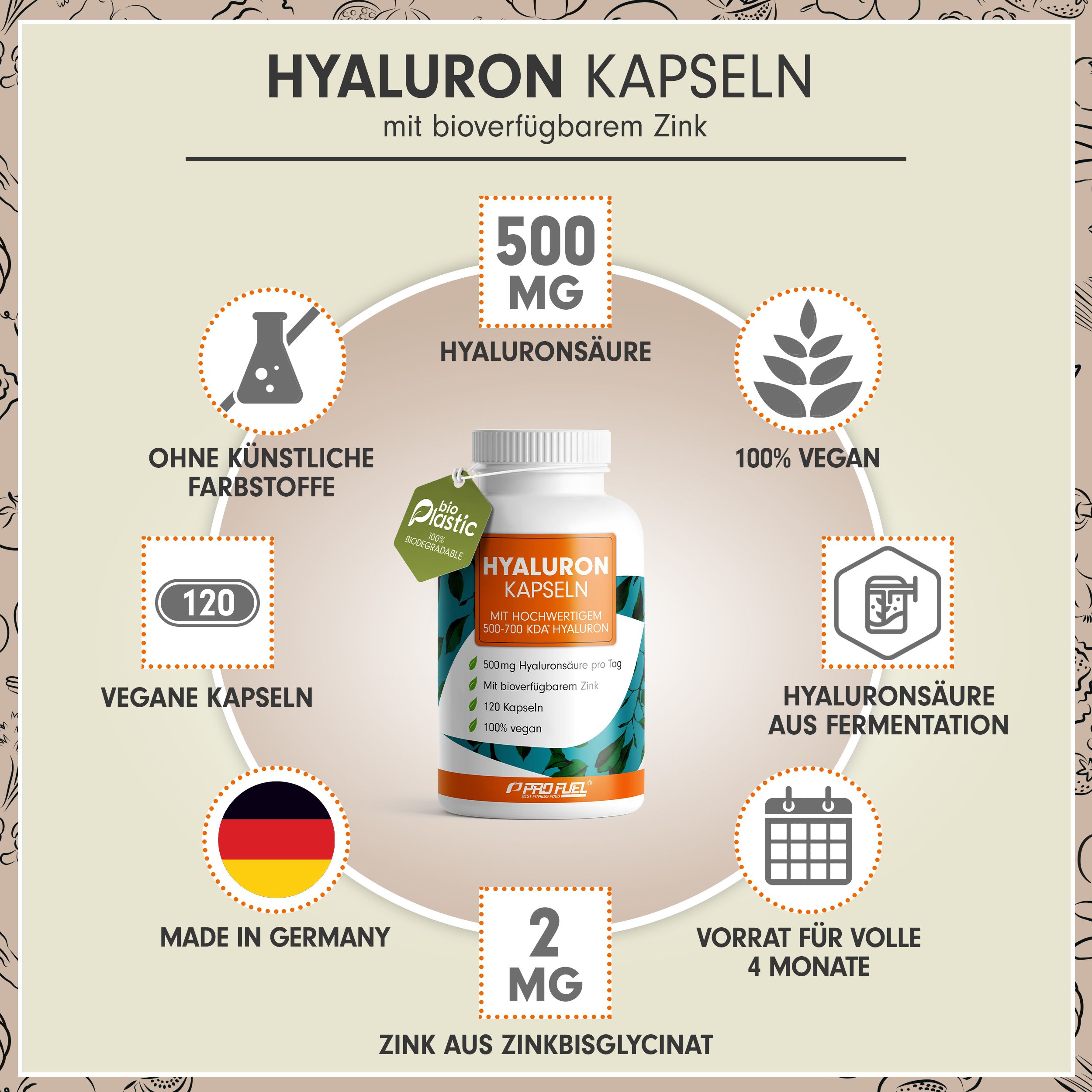 Weiße Flasche mit Hyaluron Kapseln, 120 Kapseln, vegan, mit Zink. Hergestellt in Deutschland. Enthält 500mg Hyaluronsäure.