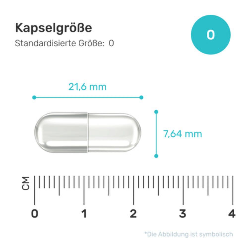 Größe 0 Kapsel: 21,6 mm Länge, 7,64 mm Durchmesser.