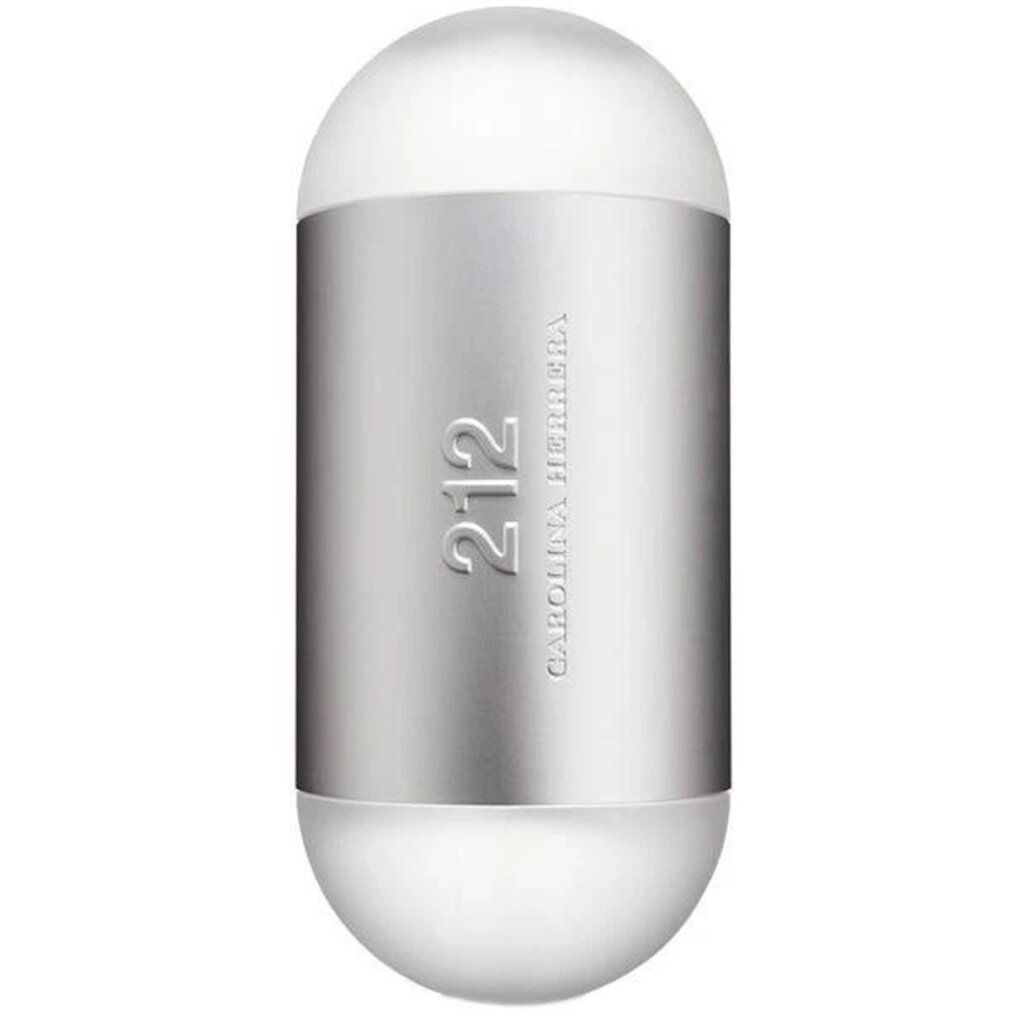 Zylindrische Flasche mit silbernem Mittelteil. Aufschrift "212" und "Carolina Herrera". Weiße Kappen an beiden Enden.