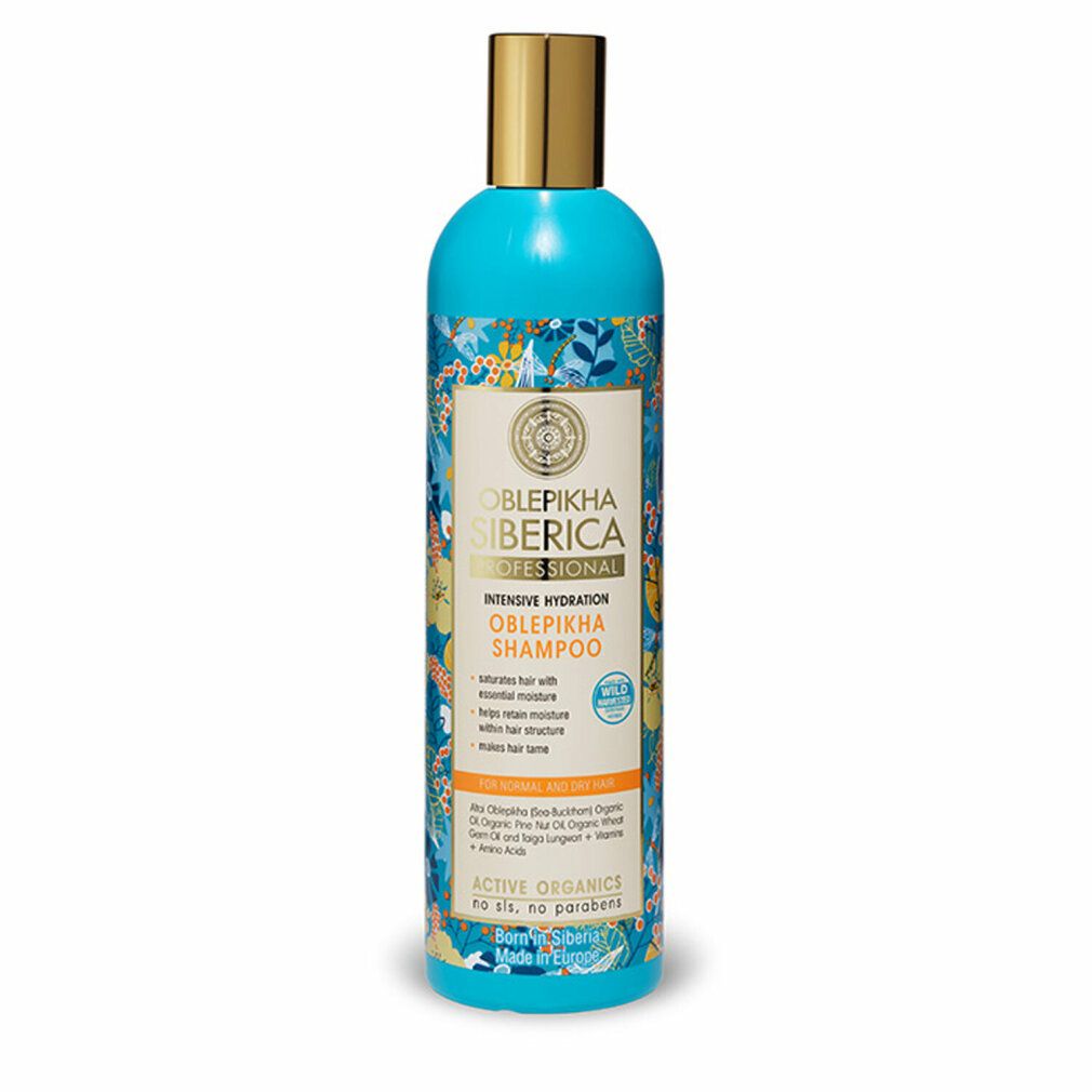 Türkisblaue Shampoo-Flasche mit goldenem Deckel. Etikett mit floralem Muster und Produktinformationen. Oblepikha Siberica Professional.