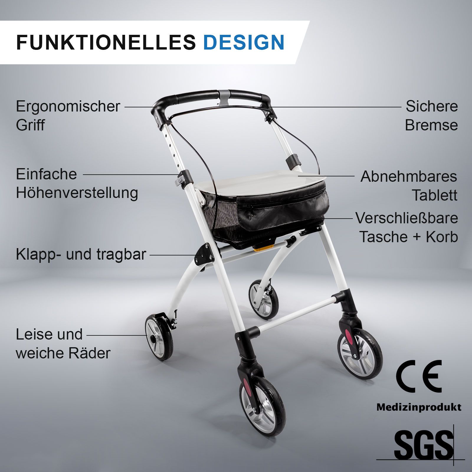Weißer Rollator mit Korb, Sitzfläche und Rädern. Beschriftung: FUNKTIONELLES DESIGN, CE, SGS.