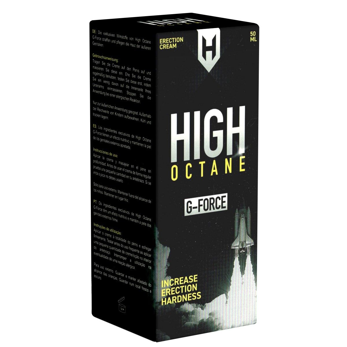 Schwarze Verpackung mit Produktnamen und Logo. Enthält Text in mehreren Sprachen. Aufschrift: HIGH OCTANE G-FORCE, ERECTION CREAM.
