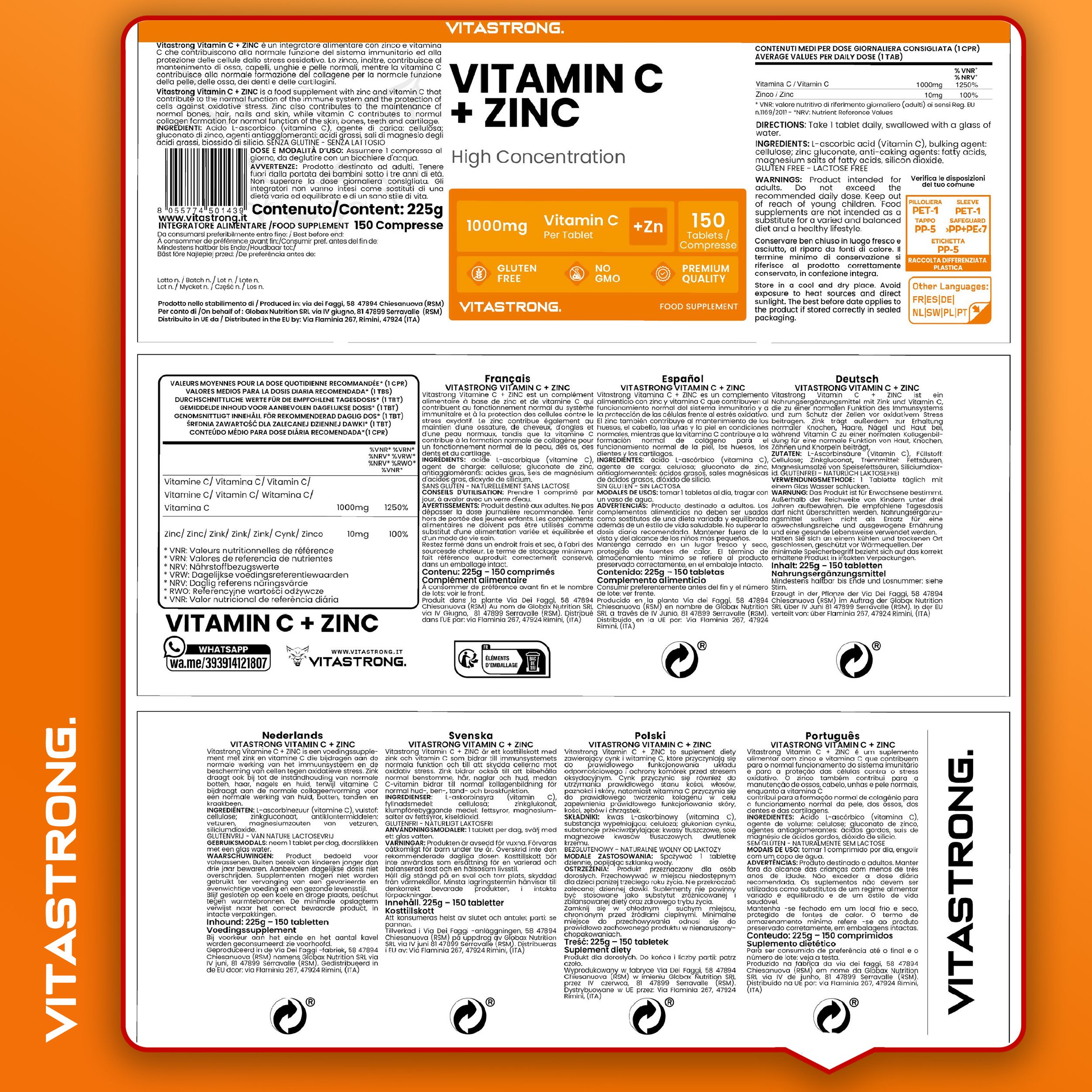 Rückseite der Vitastrong Vitamin C + Zink Verpackung. Text: „Vitamin C + Zink High Concentration“ und Inhaltsangaben.