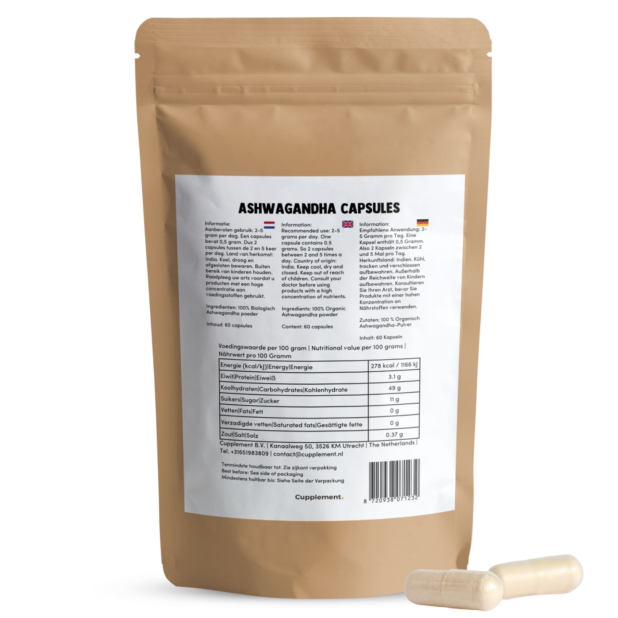 Rückseite der Ashwagandha-Kapsel-Verpackung. Informationen in mehreren Sprachen. Nährwertangaben. Barcode. 60 Kapseln.