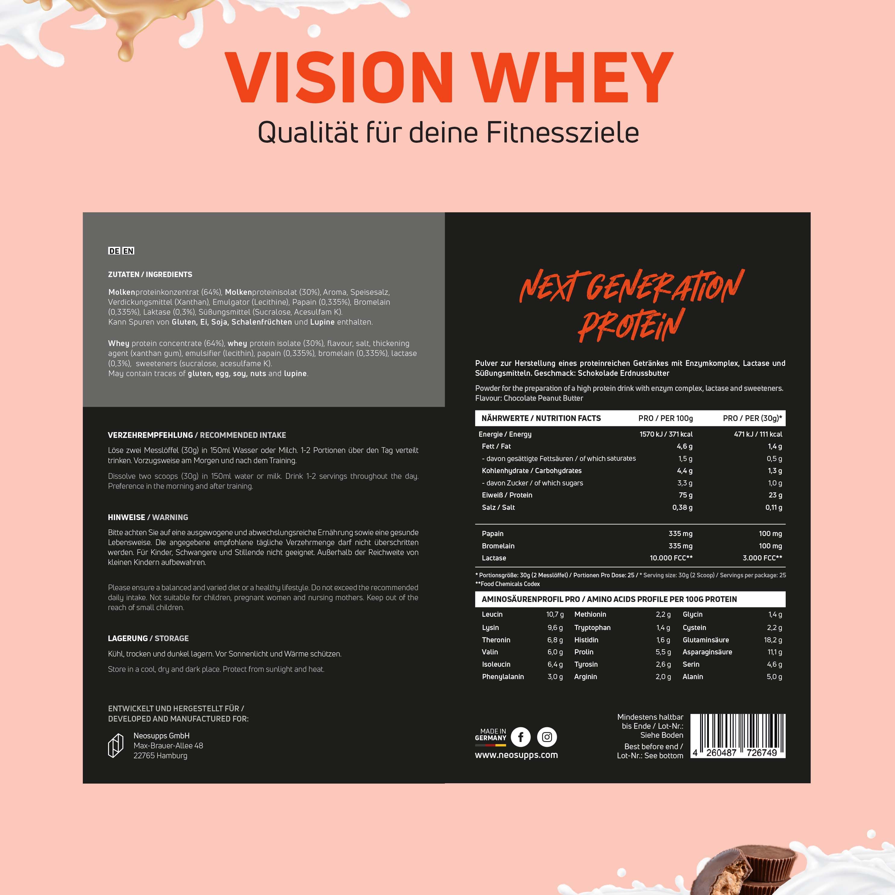 Rückseite der Produktverpackung. Text: Vision Whey, Nährwertangaben, Zutaten, empfohlene Einnahme, Warnhinweise, Lagerung, Hersteller.