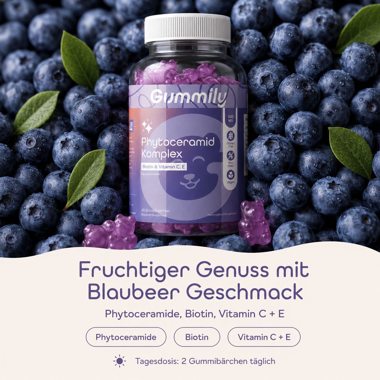 Gummily Phytoceramid Komplex Gummibärchen in Blaubeergeschmack, umgeben von frischen Blaubeeren.