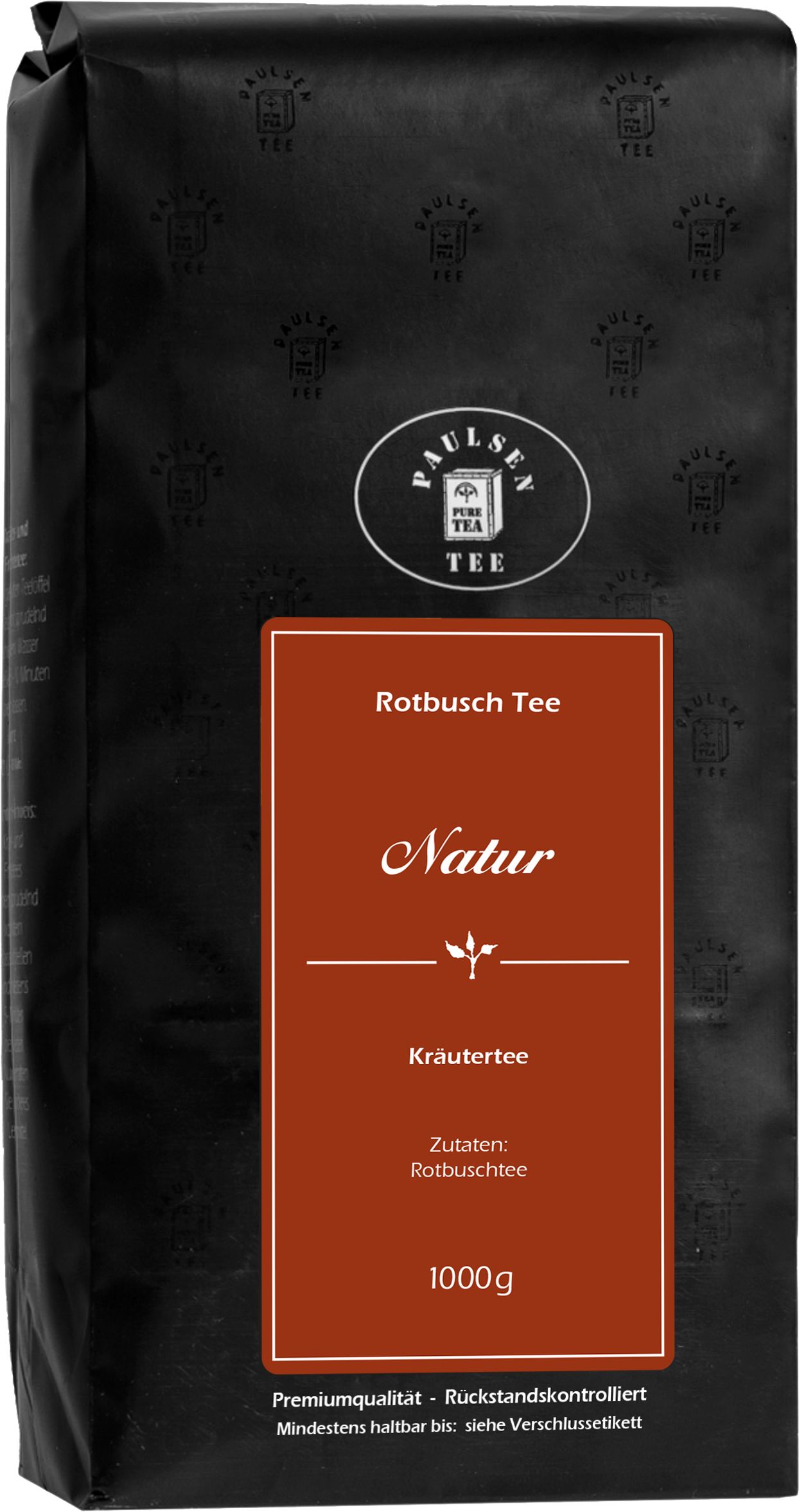 Schwarze Verpackung mit rotem Etikett. Aufschrift: Paulsen Tee, Rotbusch Tee Natur, Kräutertee, 1000g.