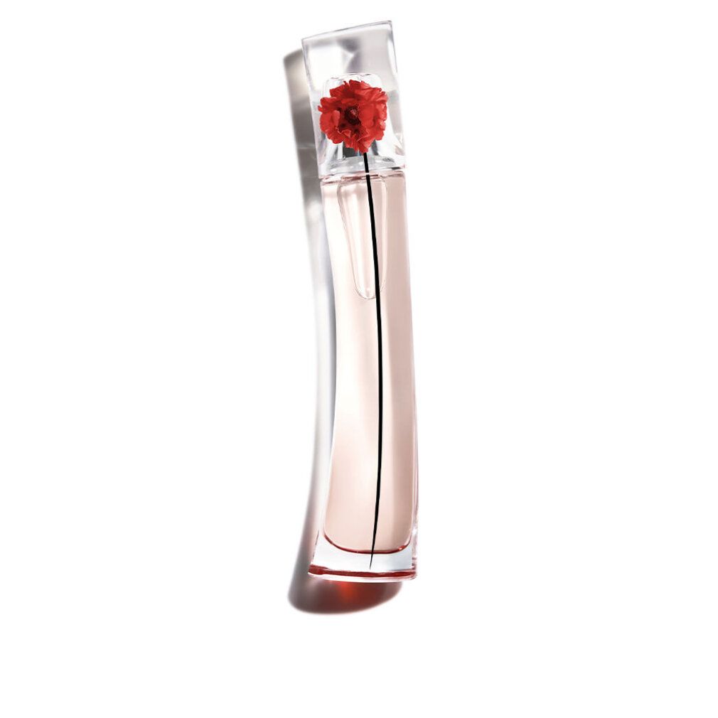 Transparenter Flakon mit roter Blume. Schlanke Form, grüner Strich.