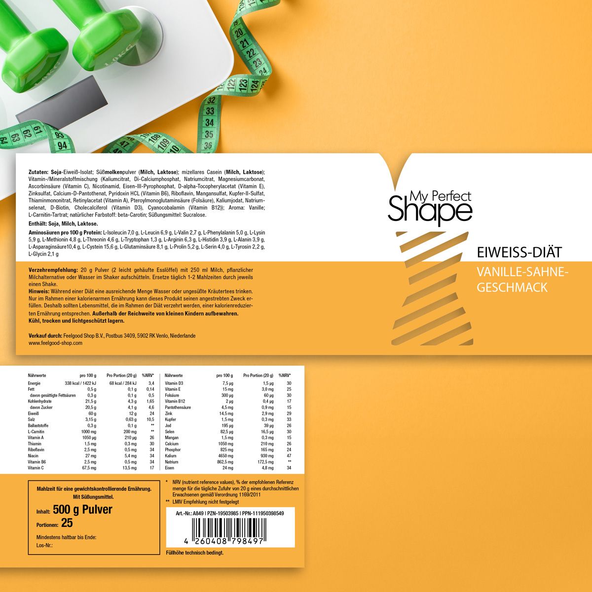 Verpackung mit Nährwertangaben und Produktinformationen. "My Perfect Shape" und "Eiweiß-Diät".