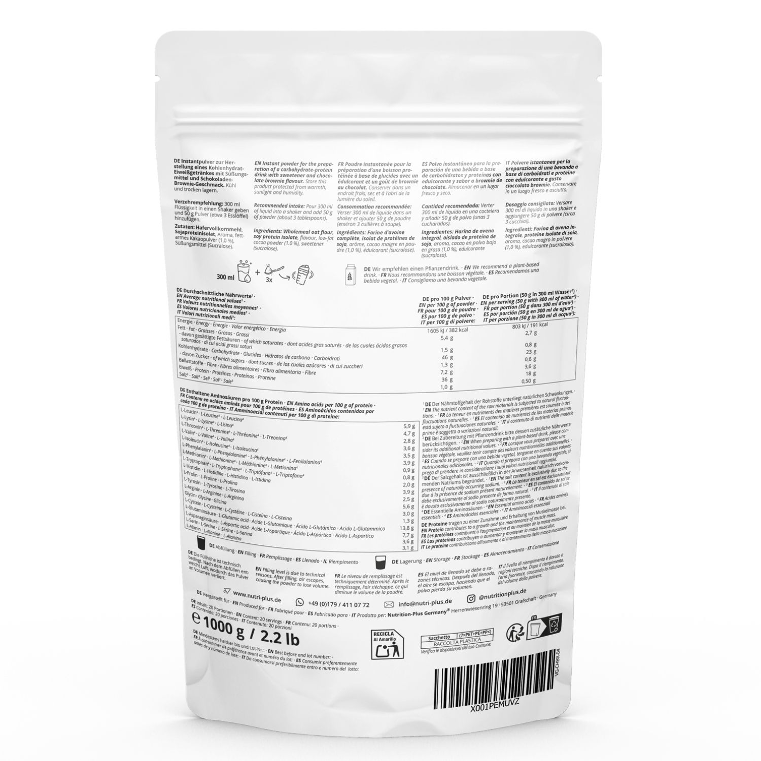 Rückseite der Produktverpackung. Text in mehreren Sprachen. Nährwertangaben, Zutatenliste, Herstellerinformationen. Gewicht: 1000 g / 2.2 lb.