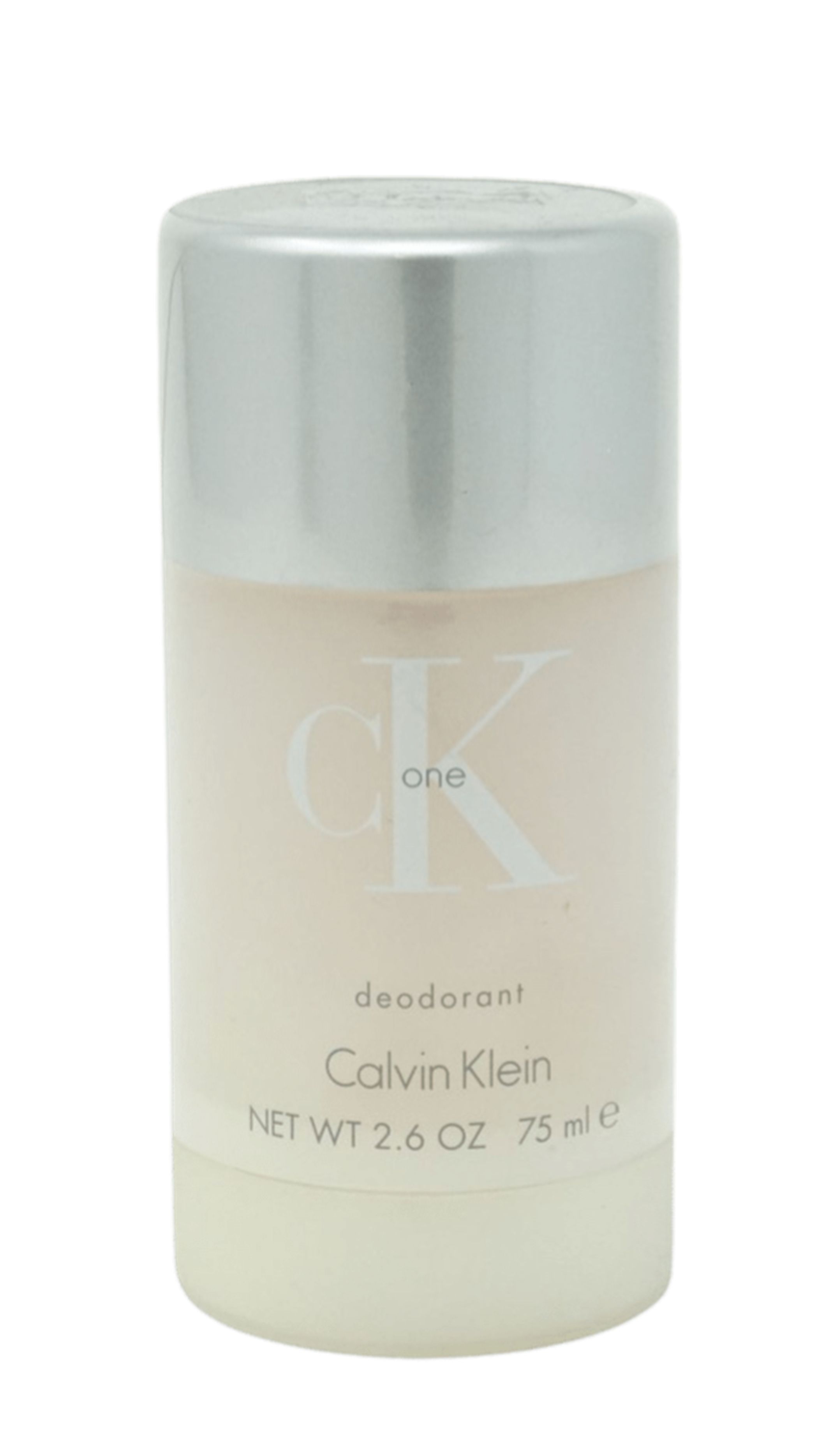 Deo-Stick Calvin Klein One, weißer Behälter mit silbernem Deckel. Schriftzug: ck one, Deodorant, Calvin Klein.