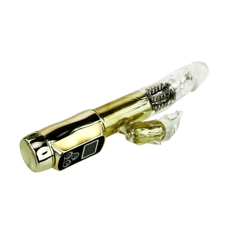 Goldfarbener Vibrator mit transparentem Kopf und Hasenohren. Bedienfeld und Display.