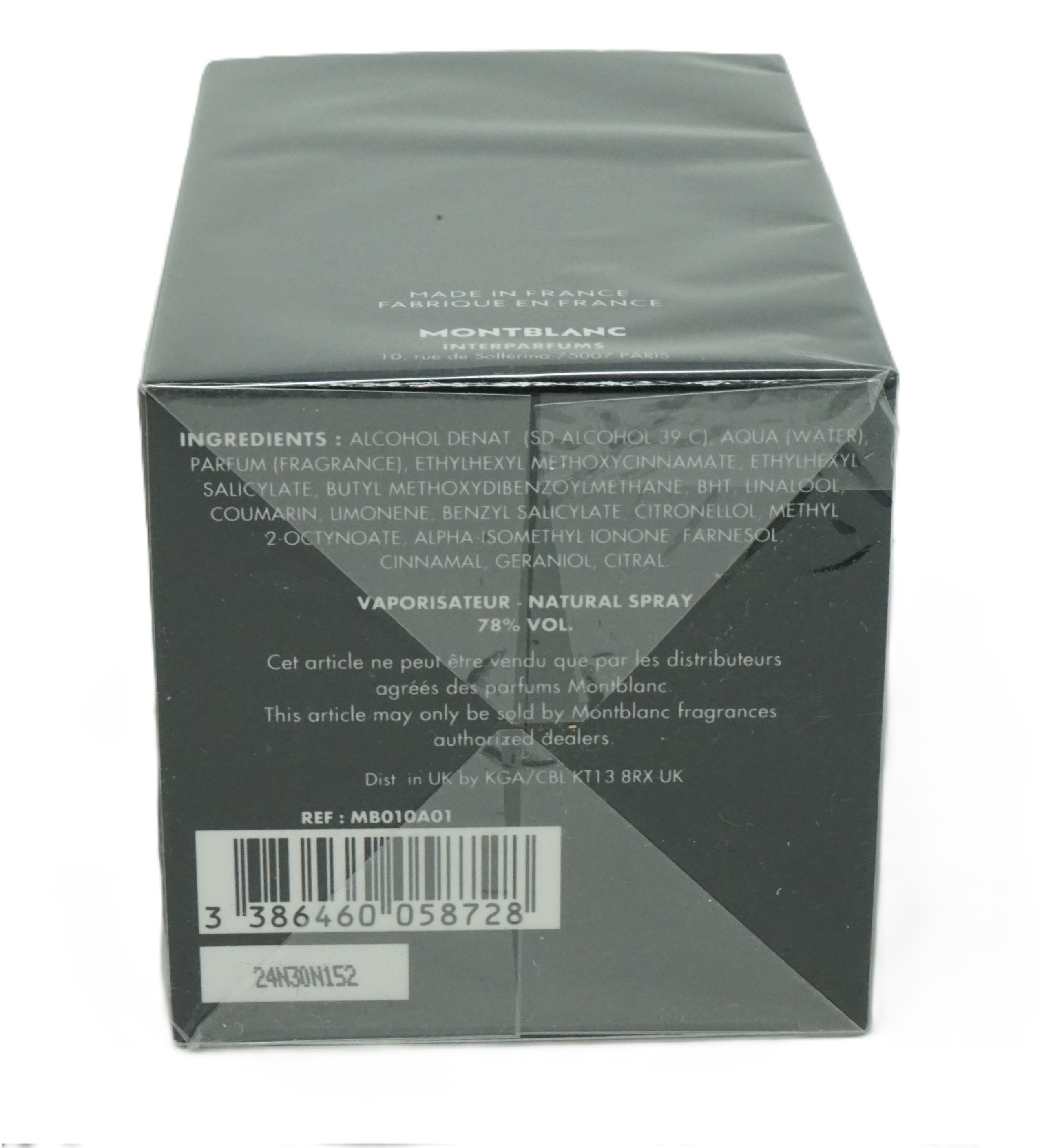 Schwarzer Karton mit Text. Enthält Inhaltsstoffe, Natural Spray, 78% Vol. und Barcode. Marke Montblanc.