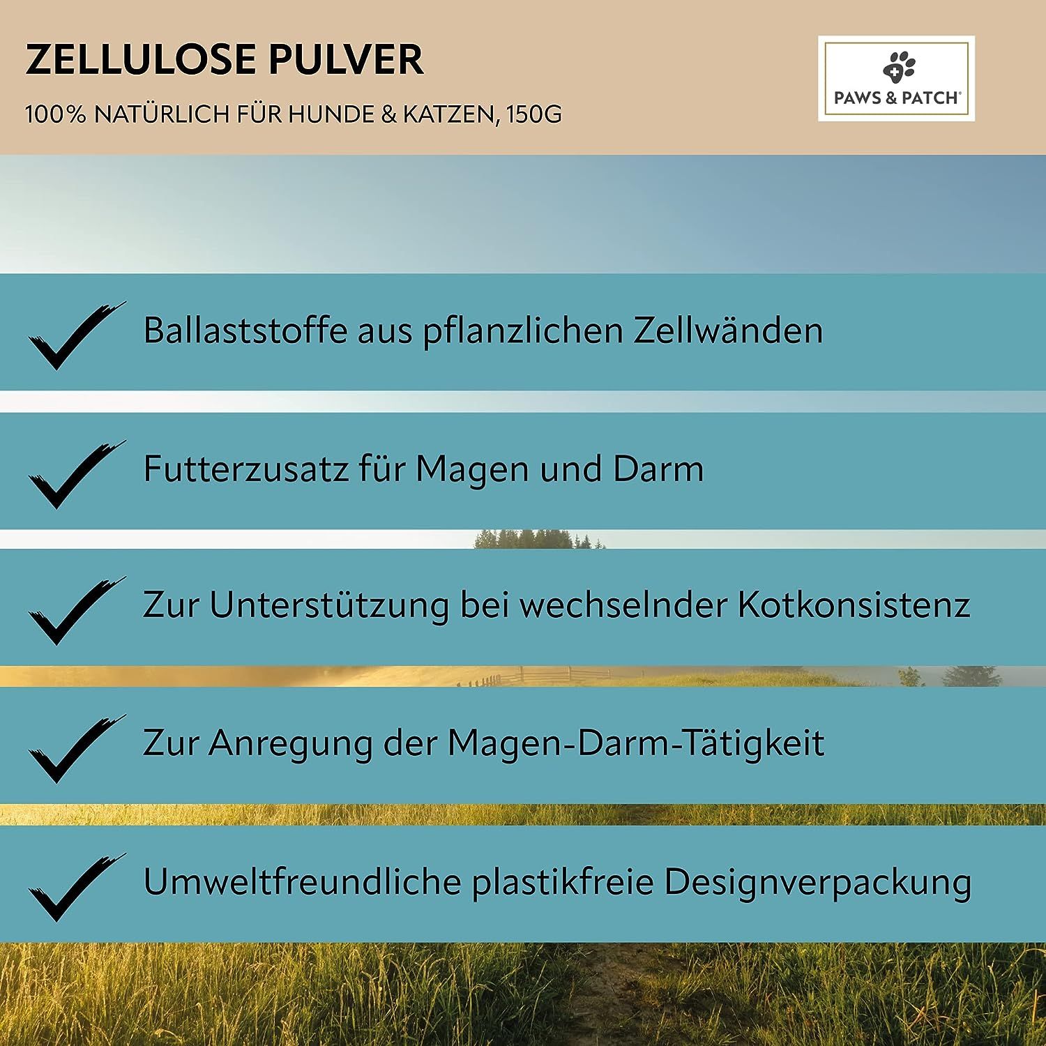 Zellulose Pulver. 100% natürlich für Hunde & Katzen. 150g. Check-Zeichen für Vorteile: Ballaststoffe, Magen-Darm, Kotkonsistenz, etc.