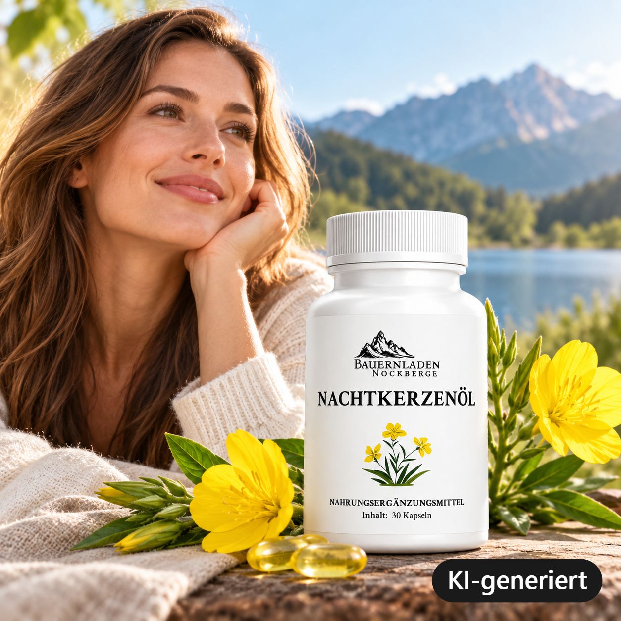 Frau mit Flasche Nachtkerzenöl Kapseln, Blumen und Bergsee im Hintergrund.