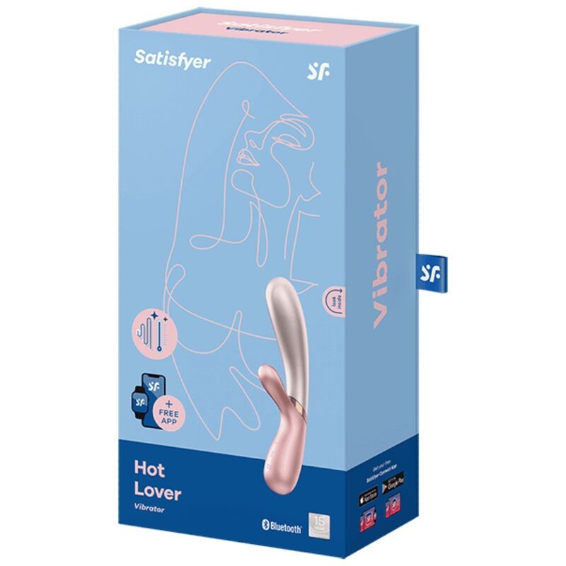 Verpackung. Blau. Produkt: Vibrator. Abbildung des Produkts. Text: Hot Lover, Bluetooth, App-Logo.