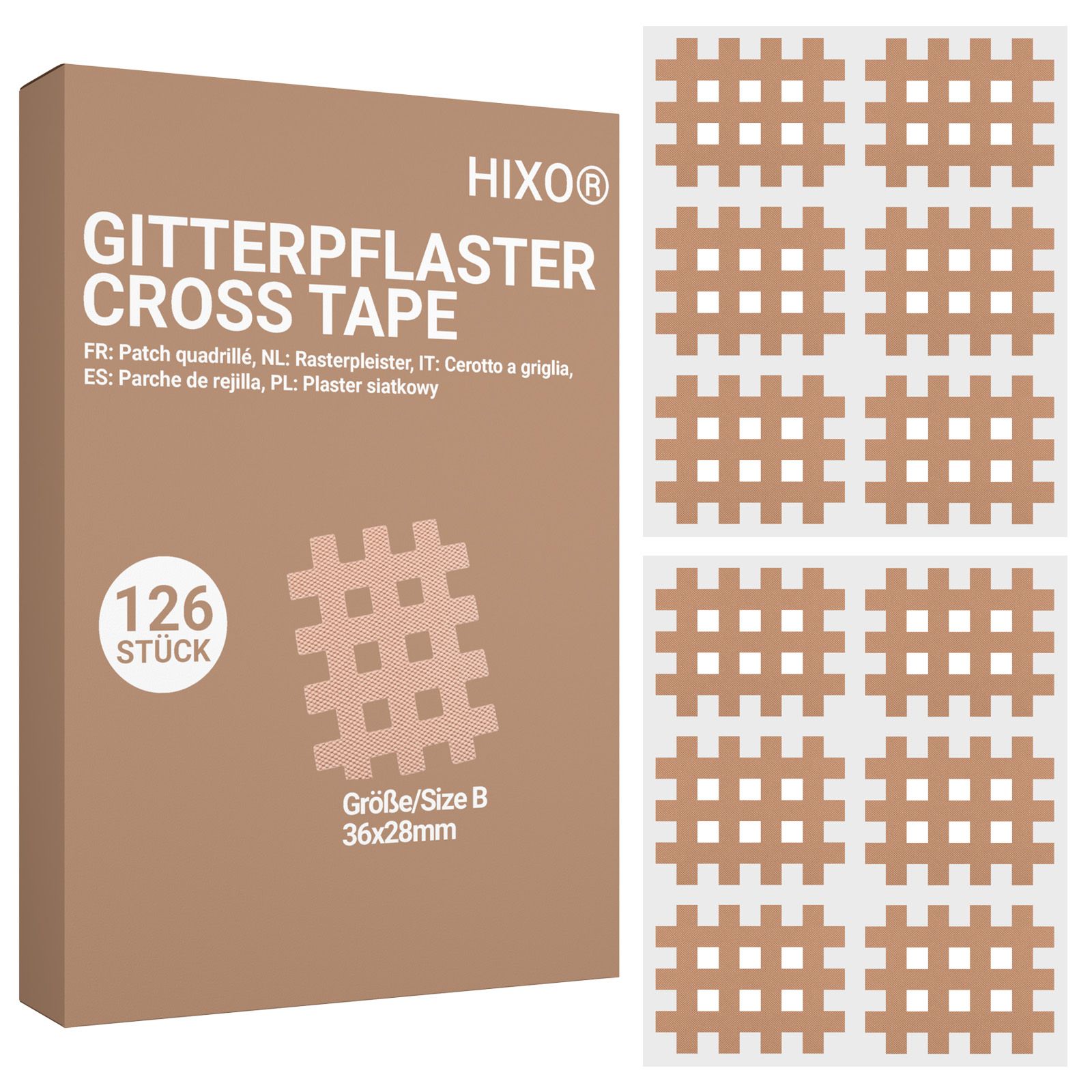 HIXO Gitterpflaster Cross Tape Packung mit 126 Stück, Größe B (36x28mm). Gitterförmige Pflaster.