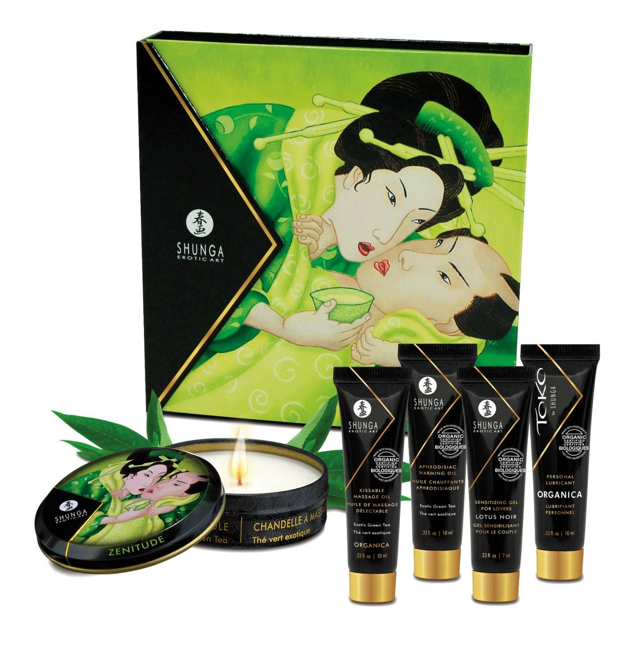 Geschenkset mit mehreren Produkten. Enthält Tuben, eine Kerze und eine Dose. Geisha-Motiv auf der Verpackung.