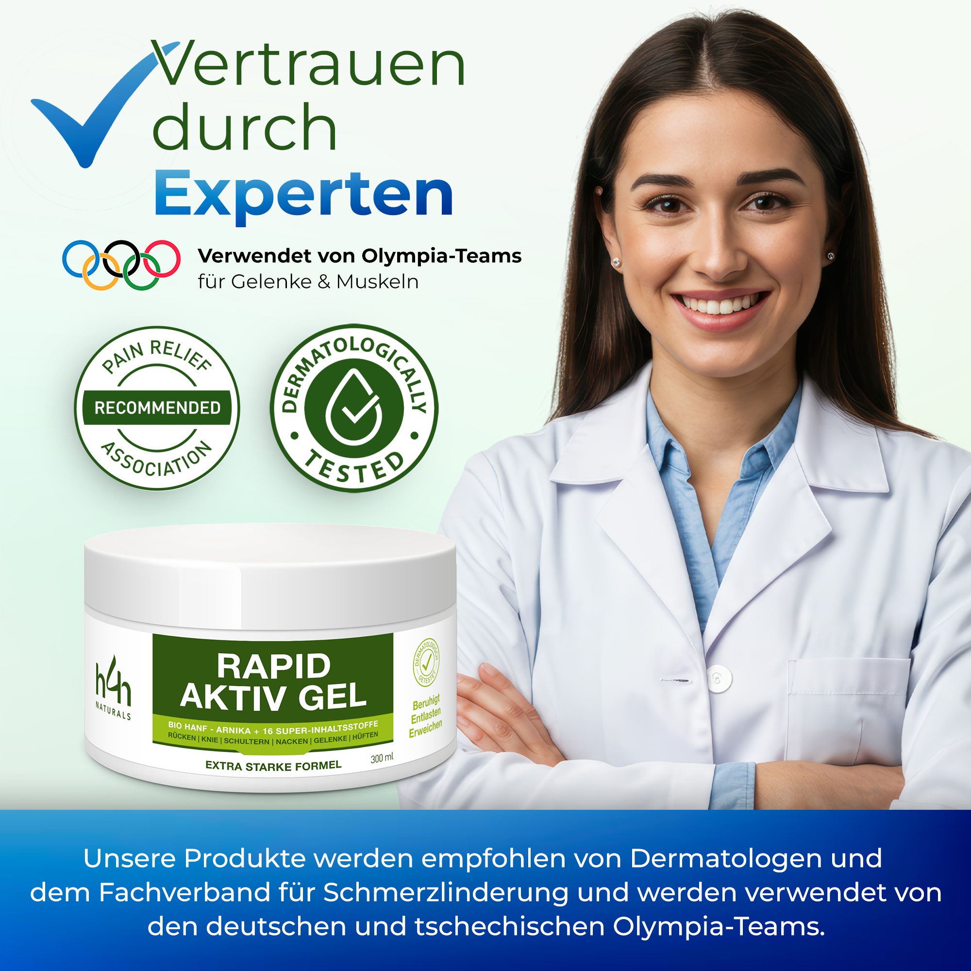 Weißes Tiegel mit grünem Etikett. Text: Rapid Aktiv Gel. Logos: Pain Relief Association, Dermatologisch getestet. Frau im weißen Kittel.