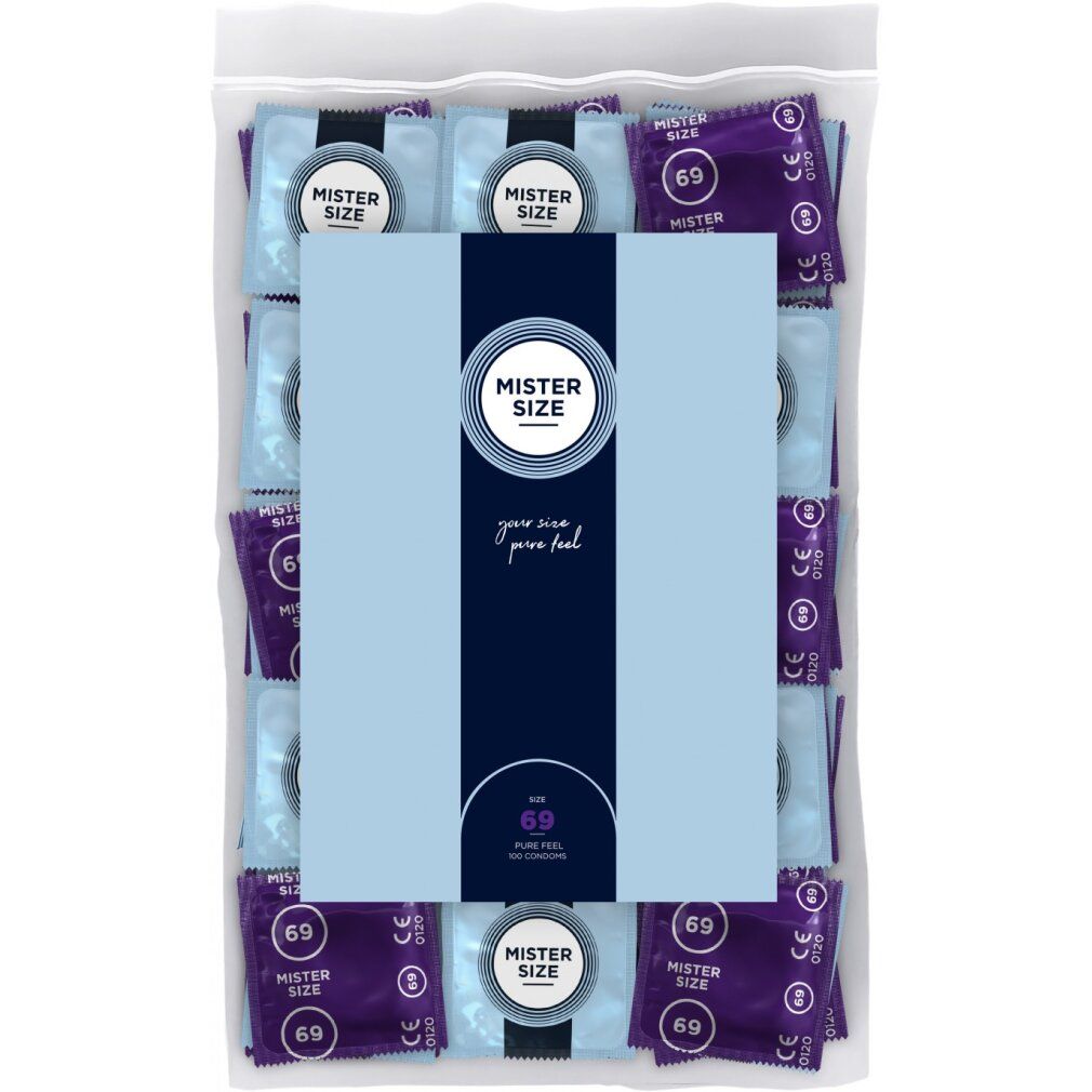 Verpackung mit Kondomen. Sichtbar: Mister Size, 69. Einzeln verpackte Kondome in Folie, in einer transparenten Tüte.