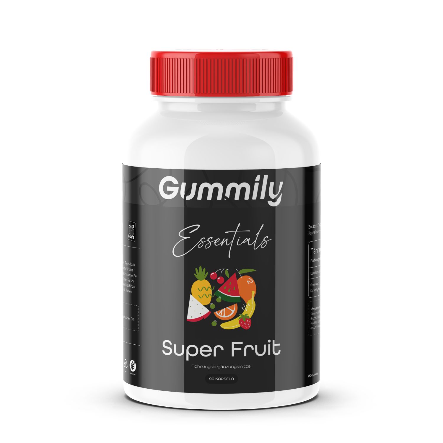 Weiße Flasche mit rotem Deckel. Aufschrift: Gummily Essentials, Super Fruit. Abbildung von Früchten. 60 Kapseln.