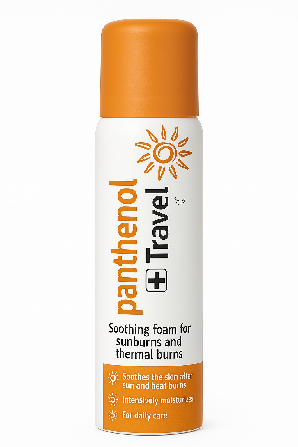 Weiße Sprühflasche mit orangefarbenem Deckel. Beschriftung: Panthenol Travel, beruhigender Schaum für Sonnenbrand und Verbrennungen.