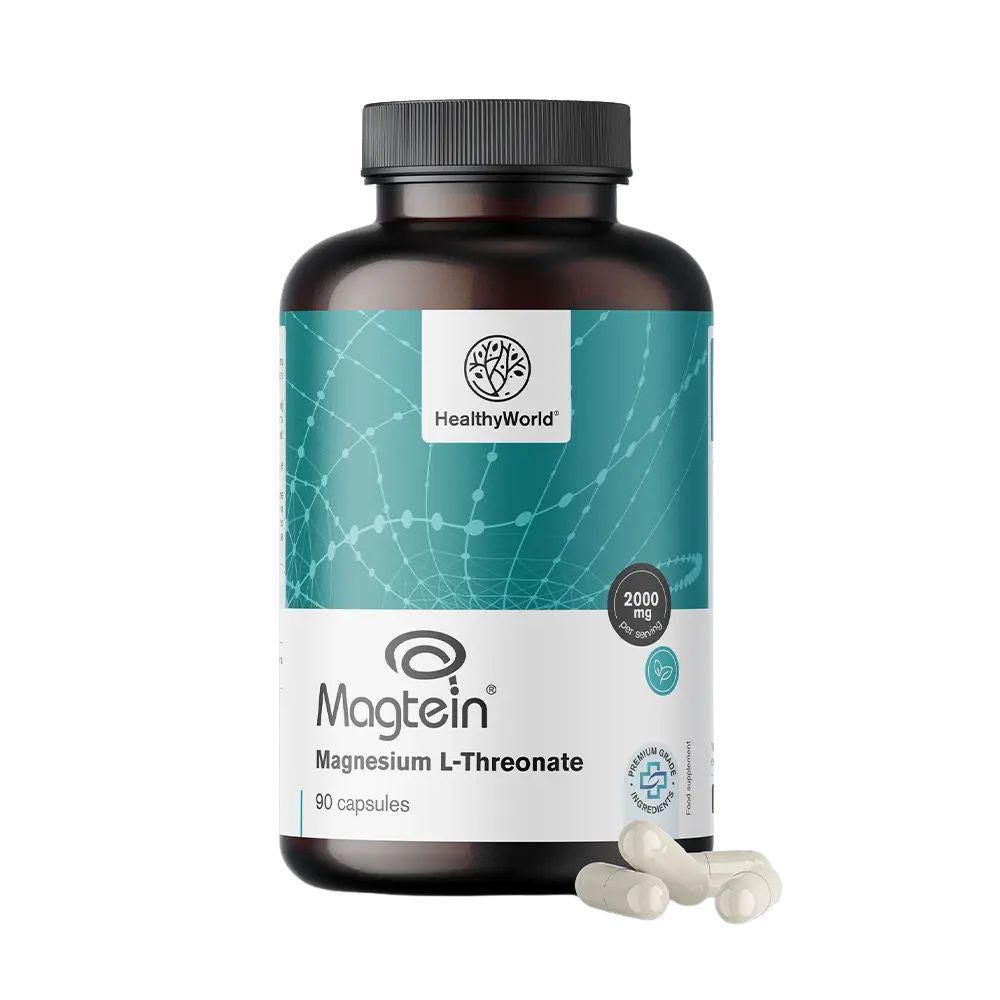Braune Flasche mit weißen Kapseln. Aufschrift: HealthyWorld, Magtein Magnesium L-Threonat, 2000 mg, 90 Kapseln.