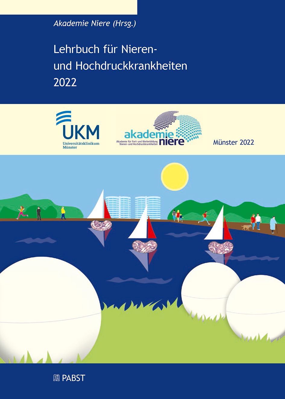 Buchcover: Lehrbuch für Nieren- und Hochdruckkrankheiten 2022. Illustration mit Segelbooten, Sonne und Personen. Logos von UKM und Akademie Niere.