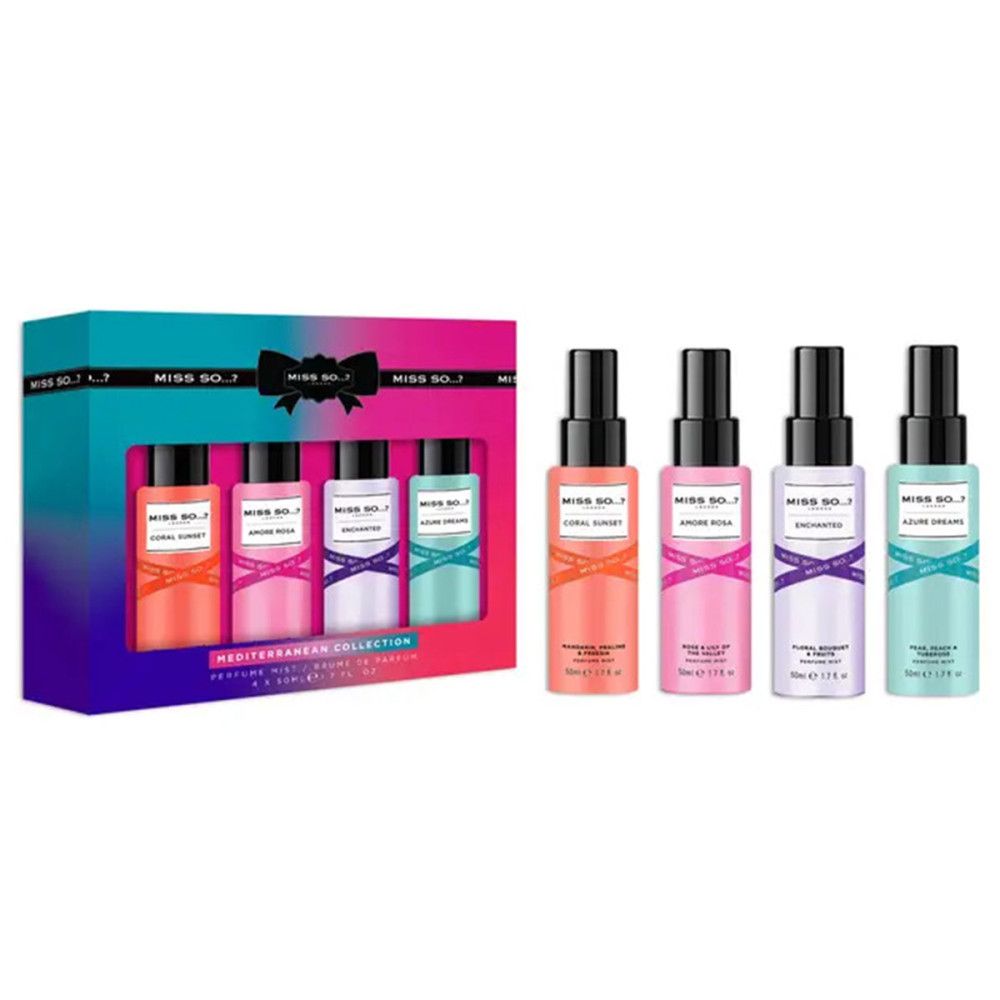 Geschenkset mit vier Sprays. Verpackung mit Aufschrift: Miss So. Sprays mit schwarzen Sprühköpfen.