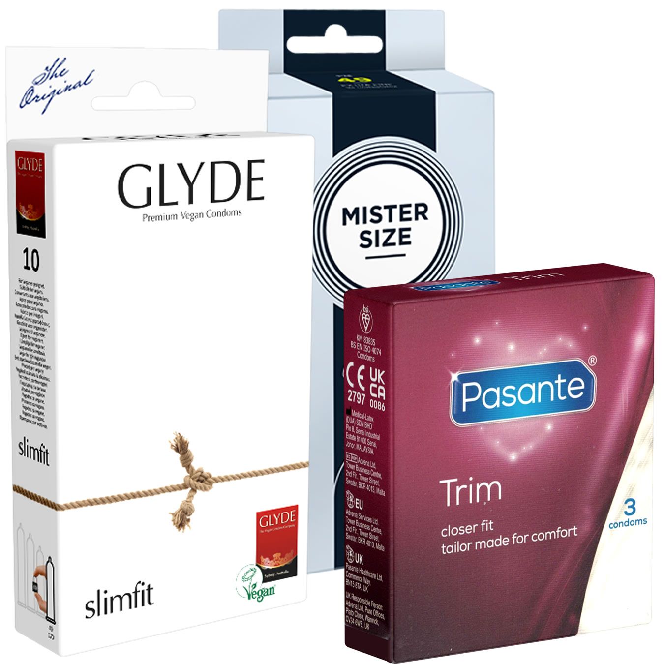 Drei Kondom-Verpackungen. Marken: Glyde, Mister Size und Pasante. Glyde: 10 Stück, Slimfit. Pasante: Trim, 3 Kondome.