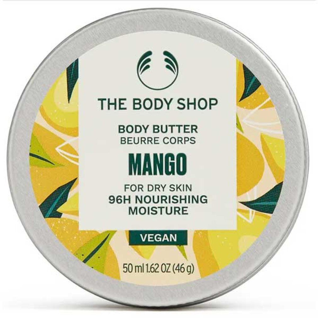Runde Dose Body Butter Mango. Aufschrift: The Body Shop, Body Butter, Mango, für trockene Haut, 96H Feuchtigkeit. Vegan.